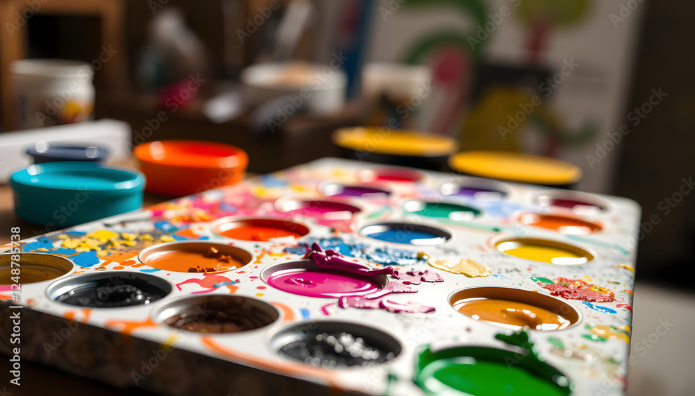 Closeup view of artist's palette with mixed bright paints as background, studio lighting. with white shades Closeup view of artist's palette with mixed bright paints as background, studio lighting. with white shades