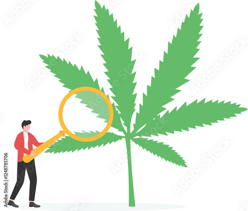 Vector graphic illustration of team of doctors or scientists checking hemp plants.

