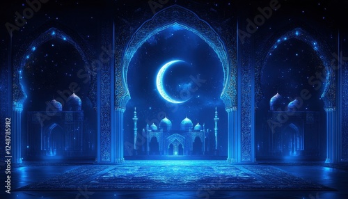 Glowing Crescent Moon and Stars Above a Blue Mosque Archway at Night