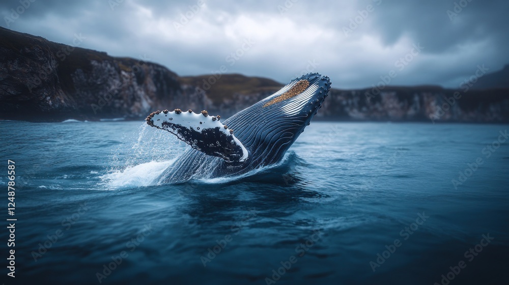 Fototapeta premium Humpback whale breaching near dramatic cliffs.