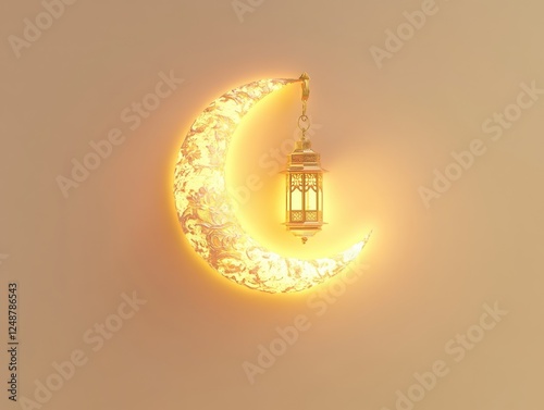 Glowing Crescent Moon with Hanging Lantern photo