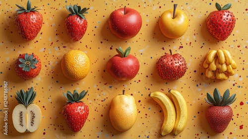 Colorful arrangement of various fruits on a vibrant speckled background, showcasing freshness
