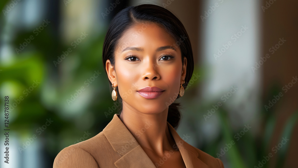 Businesswoman exuding confidence in a modern office setting Businesswoman exuding confidence in a modern office setting