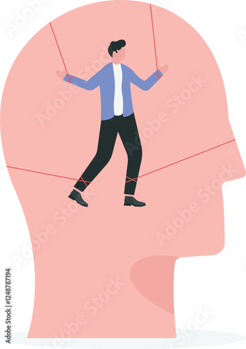 Prison of mind flat vector illustration. Abstract human head, struggling businessman imprisoned inside

