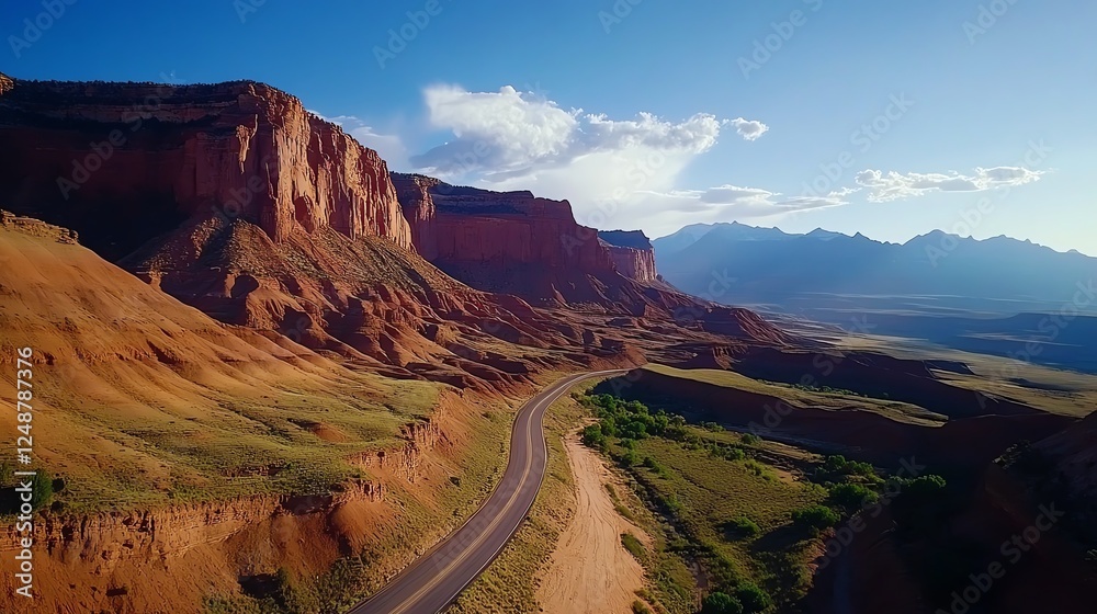 Highway through a red rock canyon, deep natural textures, vibrant geological formations, adventurous road trip destination Highway through a red rock canyon, deep natural textures, vibrant geological formations, adventurous road trip destination