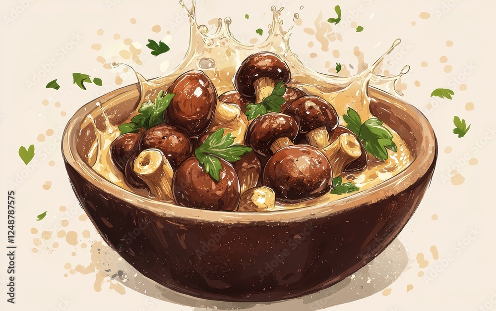 A rustic bowl of mixed roasted mushrooms with a garlic butter sauce splash, pastel cream background