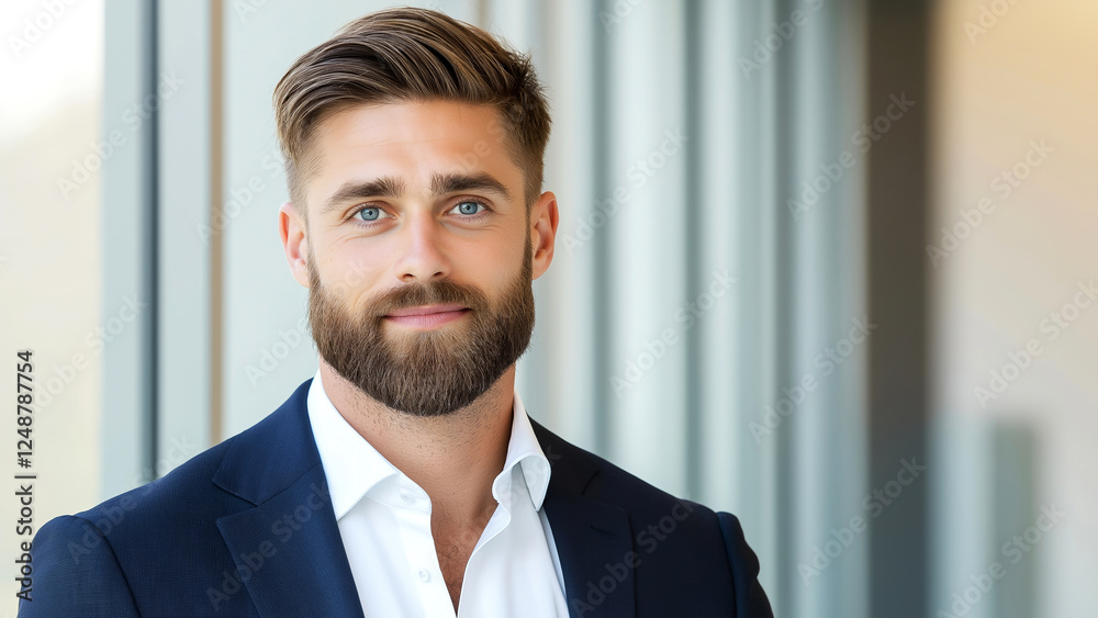 Businessman with a beard standing in a bright office environment Businessman with a beard standing in a bright office environment