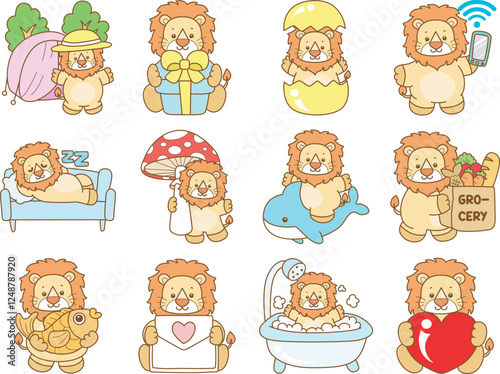 Cute Lion vector icon. Funny baby Lion animal series stock illustration. life of fluffy Lion designs.