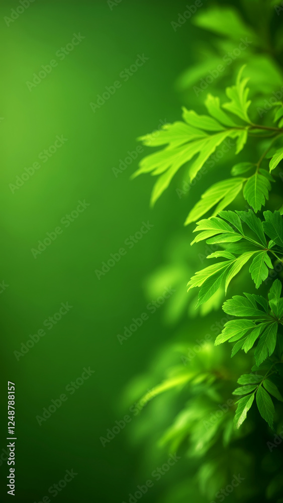 Fresh green leaves cascading against a blurred green backdrop Fresh green leaves cascading against a blurred green backdrop