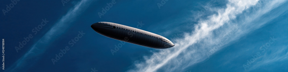 Obraz premium Airship in Flight Against a Blue Sky with Cirrus Clouds