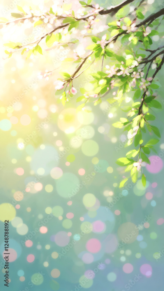 Bright spring leaves and blossoms with a dreamy bokeh background