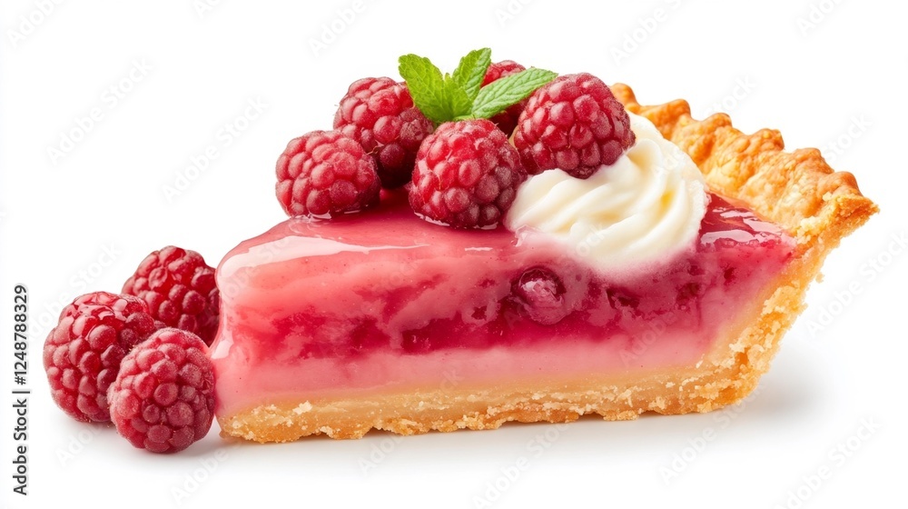 Vibrant Raspberry Pie Slice with Cream and Fresh Fruit Topping on White Isolated Background. Generative AI Vibrant Raspberry Pie Slice with Cream and Fresh Fruit Topping on White Isolated Background. Generative AI