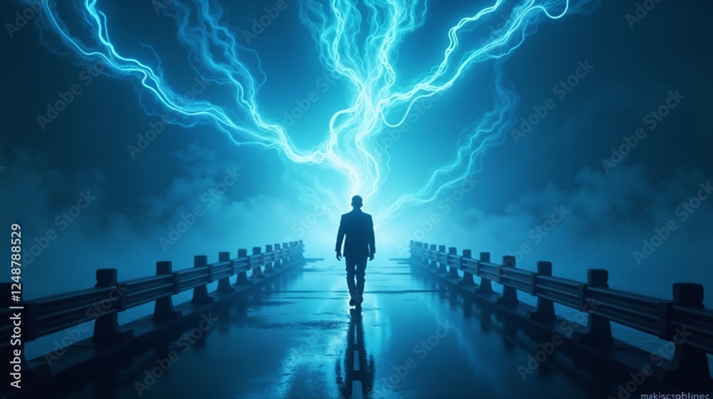 Fototapeta premium Man walking on a bridge under an electric storm at night surrounded by blue lightning