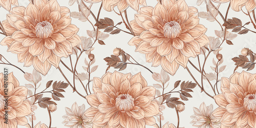 Repeating pattern of large, soft orange dahlia-like flowers with brown foliage on a white background.
