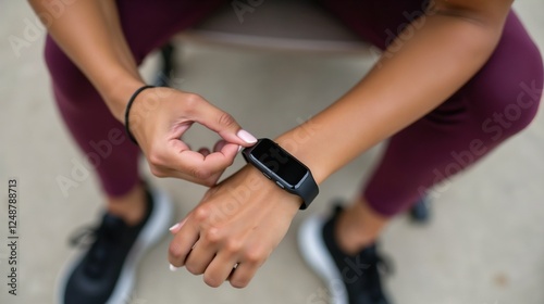 Fitness enthusiast adjusts smartwatch while seated outdoors on a sunny day