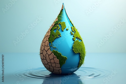 Earth-Shaped Water Droplet with Cracked Soil and Lush Greenery Transitioning Into Vibrant Oceans