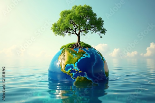 Tree Growing from a Lush Globe with Roots Submerged in Water, Representing Life's Dependence