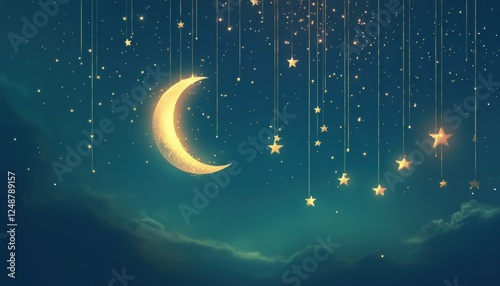 Golden Crescent Moon and Hanging Stars in a Dark Teal Night Sky
