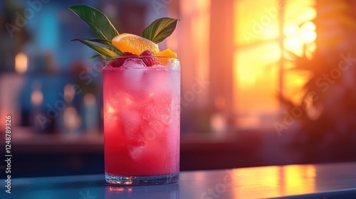 Refreshing cocktail with vibrant colors and garnishes, set against a warm sunset backdrop