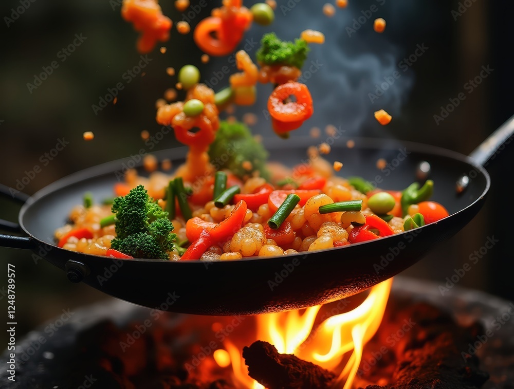 Chef tossing stir-fry vegetables in wok over open flame Chef tossing stir-fry vegetables in wok over open flame