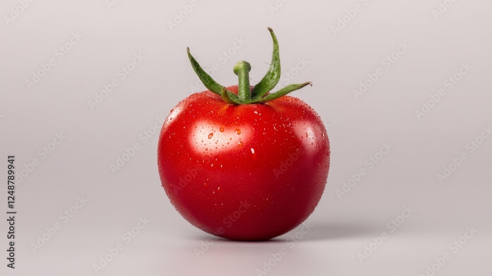 Close-up of a single water-droplet-covered ripe tomato on neutral background. Generative AI Close-up of a single water-droplet-covered ripe tomato on neutral background. Generative AI