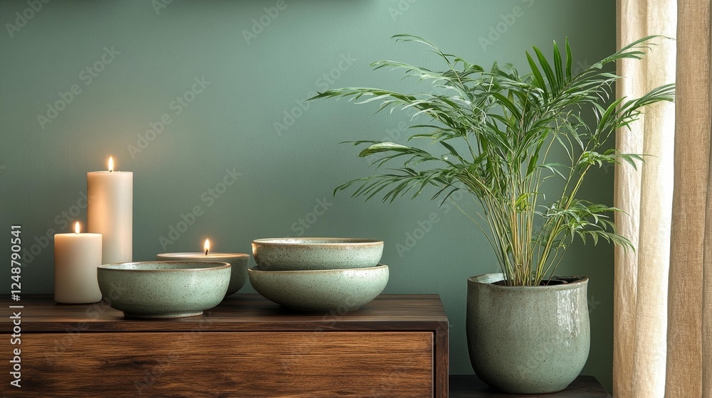 Green Plant with Decorative Bowls and Candles on Wooden Surface. Generative AI Green Plant with Decorative Bowls and Candles on Wooden Surface. Generative AI