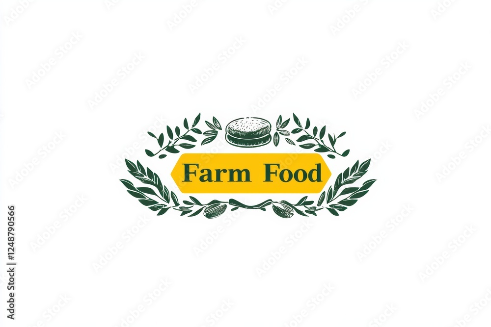 Graphic layout for advertising farm food with green leaves and a circular emblem Graphic layout for advertising farm food with green leaves and a circular emblem