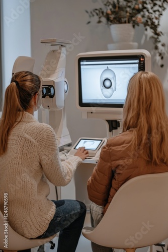 Optometrist adjusting a modern vision-testing device for a patient seated in front of a sleek digital display,