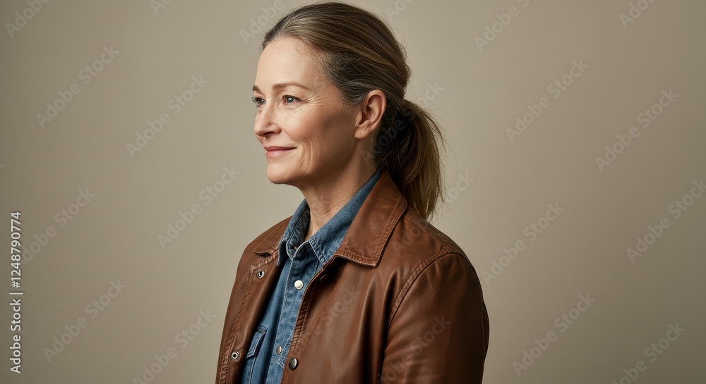 Portrait of a Confident Woman in Leather Jacket and Denim Shirt Smiling Sideways for Professional Profile and Lifestyle Branding. Portrait of a Confident Woman in Leather Jacket and Denim Shirt Smiling Sideways for Professional Profile and Lifestyle Branding.
