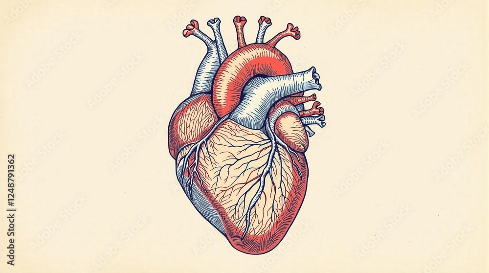 Naklejka premium Anatomical drawing of a human heart, highlighting its major parts and circulatory system