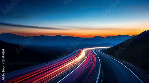 Nighttime desert highway with a single car s headlights glowing, vast empty surroundings, mysterious and cinematic road trip scene