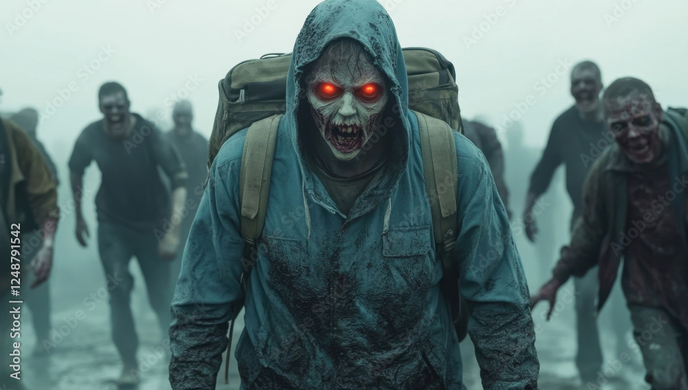 A pale-skinned zombie with glowing red eyes moves through a barren area, surrounded by other undead beings in tattered clothing A pale-skinned zombie with glowing red eyes moves through a barren area, surrounded by other undead beings in tattered clothing