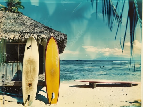 Nostalgic 1970s beachside bungalow, wooden surfboards resting against a thatched hut, warm ocean breeze, Polaroid film aesthetic with golden tones