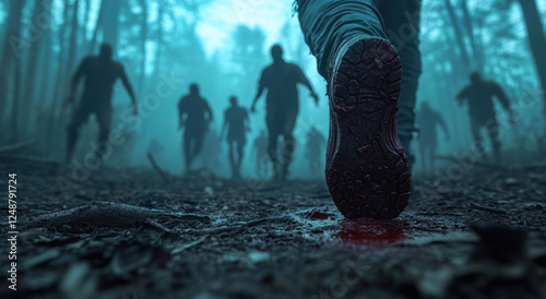 A survivor flees through a dark forest, pursued by zombies emerging from the shadows in a tense atmosphere during twilight hours photo