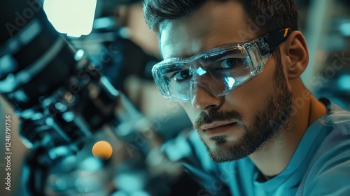 Factory operator wearing protective eyewear, adjusting a robotic arm in an automobile assembly line photo