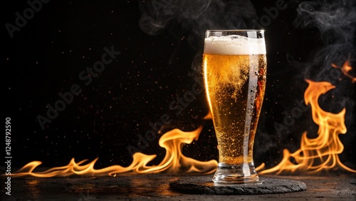 Fiery Beer: A tall glass of light beer with a thick head sits on a dark stone coaster, dramatically framed by vibrant flames and dark background. The scene evokes a sense of warmth, boldness. photo