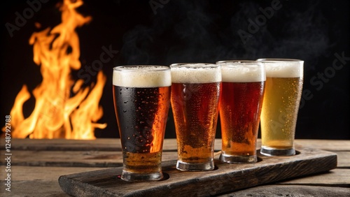 Cheers by the Fire: Four frosted glasses of craft beers, each with unique hues and head, rest on a rustic wooden table, a roaring fire blazing in the background, inviting warmth and camaraderie. 