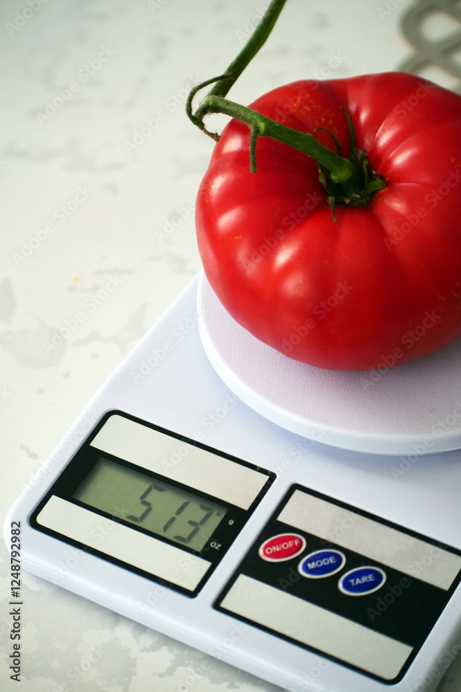 Very large natural tomato type Turkish Ayaş tomato on kitchen scale,
