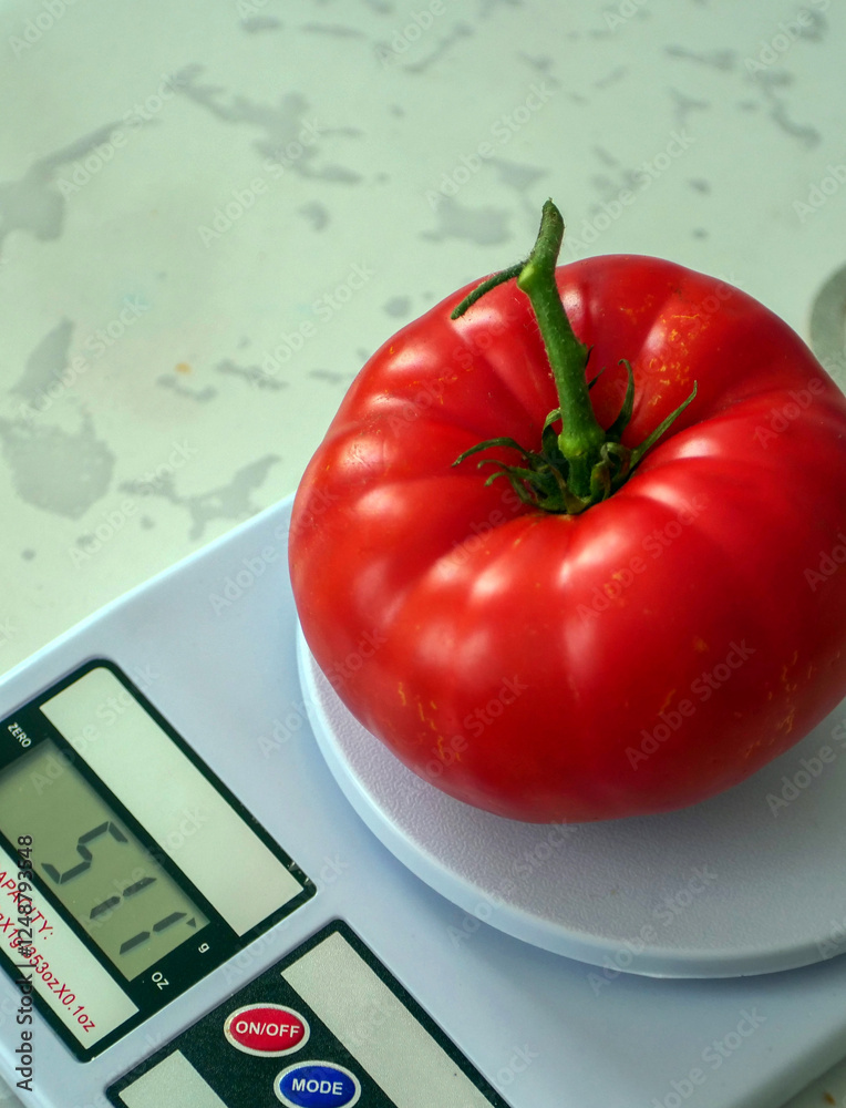 Very large natural tomato type Turkish Ayaş tomato on kitchen scale,