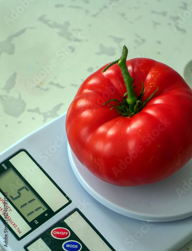 Obraz na płótnie Very large natural tomato type Turkish Ayaş tomato on kitchen scale, w salonie