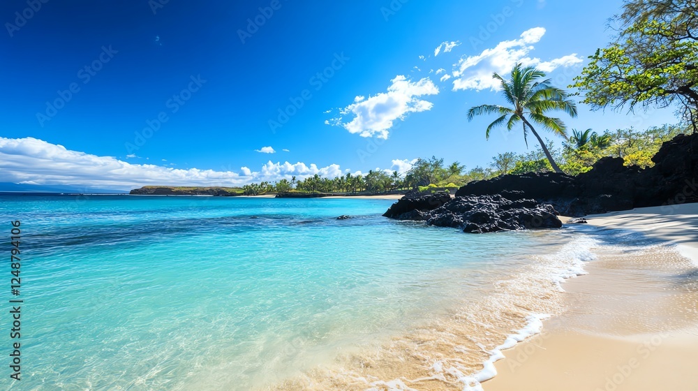 Naklejka premium Rocky coastline with crystalclear water, hidden beach cove, nature s raw beauty, unspoiled paradise, perfect for travel and adventure themes