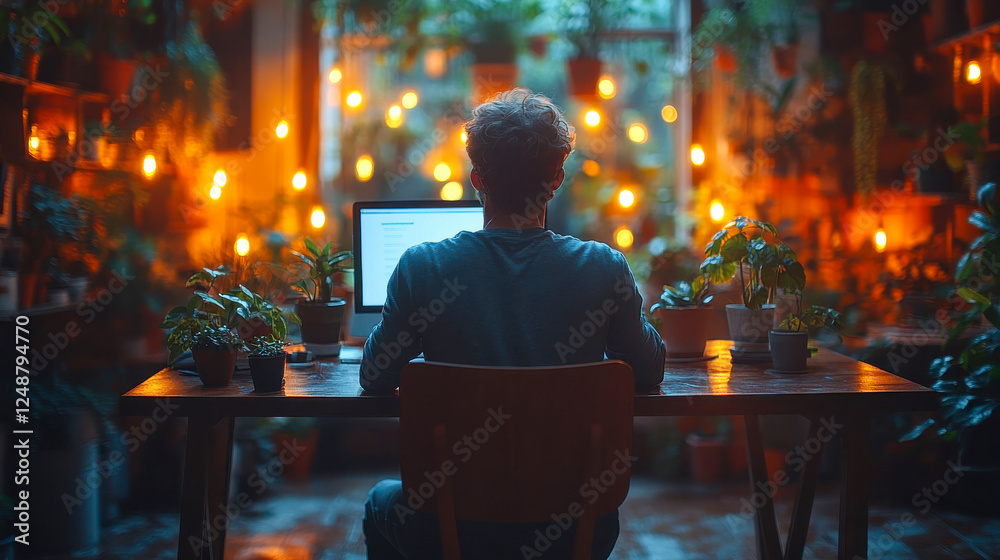A man working on a laptop in a cozy, plant-filled room with warm lighting. The ambient glow enhances the workspace, creating a peaceful and inspiring atmosphere A man working on a laptop in a cozy, plant-filled room with warm lighting. The ambient glow enhances the workspace, creating a peaceful and inspiring atmosphere