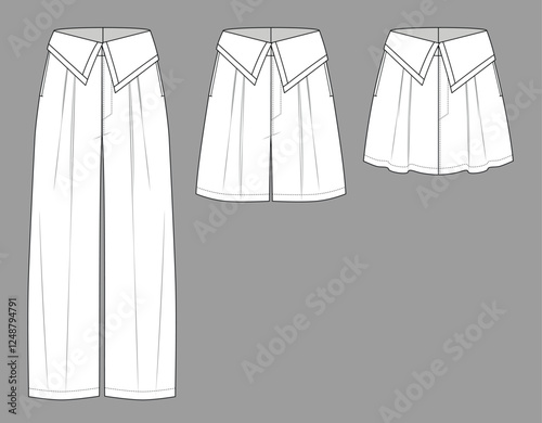 Vector woman tailor Bermuda jogger technical drawing, classic style pants with waistband and pockets detail fashion CAD, template, sketch, flat. Woman trousers, short,skirt with front view,white color