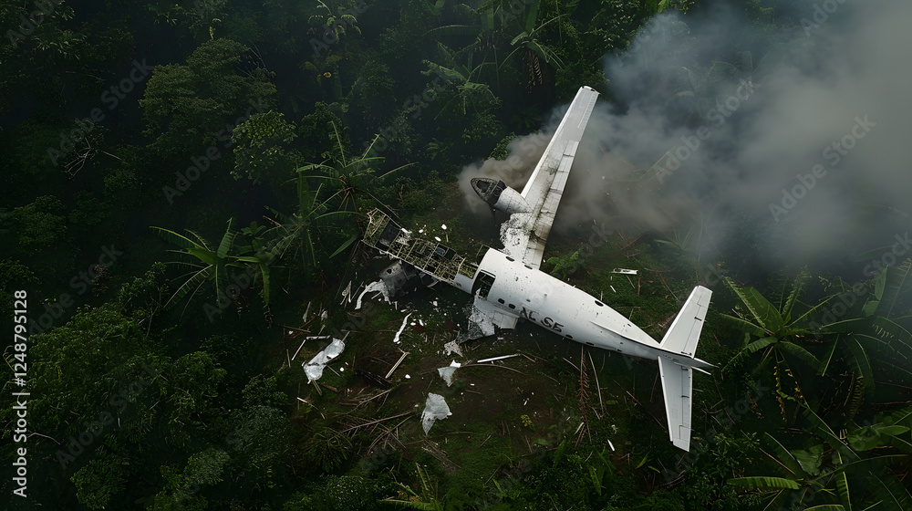 Aerial view of a crashed plane surrounded by a dense forest, depicting the aftermath of an aviation accident.
Aerial view of a crashed plane surrounded by a dense forest, depicting the aftermath of an aviation accident.