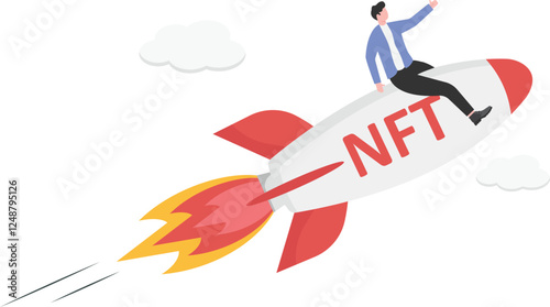 Vector illustration of a businessman on a NFT rocket using a telescope, startup and forecast concept

