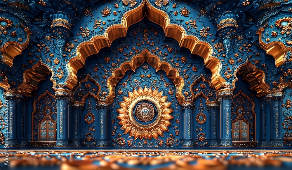 Fototapeta premium Ornate Blue and Gold Wall with Intricate Arch Designs and Central Sun Motif Showcasing Rich Decorative Architectural Style