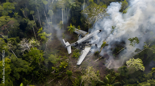 Aerial view of a crashed plane surrounded by a dense forest, depicting the aftermath of an aviation accident.
 photo