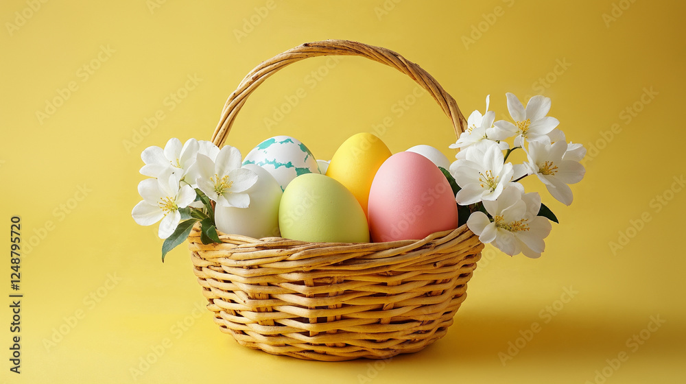 Easter Basket with Colorful Eggs and White Flowers on a Yellow Background. Easter Basket with Colorful Eggs and White Flowers on a Yellow Background.