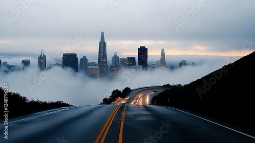 Steep hill road in a foggy metropolis, skyscrapers fading into mist, mysterious urban exploration, dynamic city perspective photo