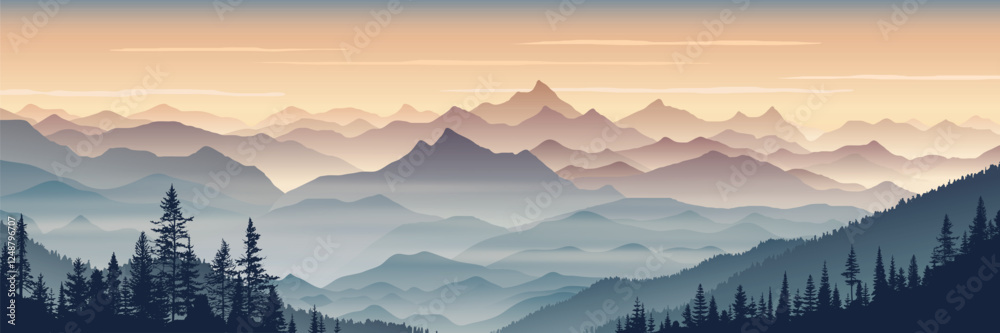 Obraz premium Sunrise in the mountains, misty silhouettes of ridges, forest in the fog, vector illustration